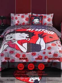 Betty Boop x SHEIN 3pcs Cartoon Character & Rose Floral Lip Kiss Print Reversible Bedding Set, Gifts,Suitable For Single Bed/Double Bed/Queen Bed/King Bed, Dormitory/Home,Gift Ideas,Party,Holiday,Valentine's Day - Multicolor - View 10