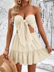 Soleia Tie Front Tube Top & Ruffle Hem Skirt - Khaki - View 5
