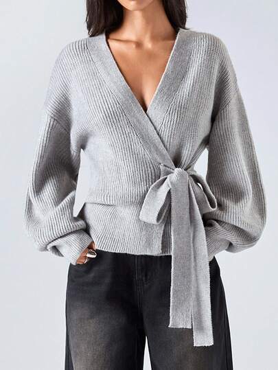 LYSMO 2025 Nueva llegada Minimalismo Otoño Casual de mujer Diario Commute Simple unicolor Hombro caído Suelto Nudo lateral Cárdigan, Otoño/Invierno Envolver Parte superior Mujeres Suéteres Parte superior de suéter Parte superior gris Parte superior con nudo frontal