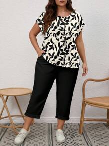 SHEIN CURVE+ Plus Size Women Plant Print Shirt And Capri Pants Casual 2 Pieces Set - Multicolor - View 7