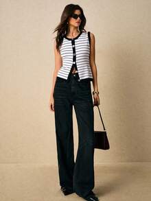 Poéselle 女士休闲日常条纹前开襟圆领撞色滚边毛衣背心，女士冬季毛衣，新年，派对，休闲毛衣，秋冬季女士，女士休闲，老钱，优雅女士，秋冬 - 黑與白 - 查看 1