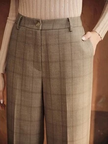 Anewsta 复古都市格子高腰直筒百搭喇叭裤女士西装裤 - 軍綠色 - 查看 7