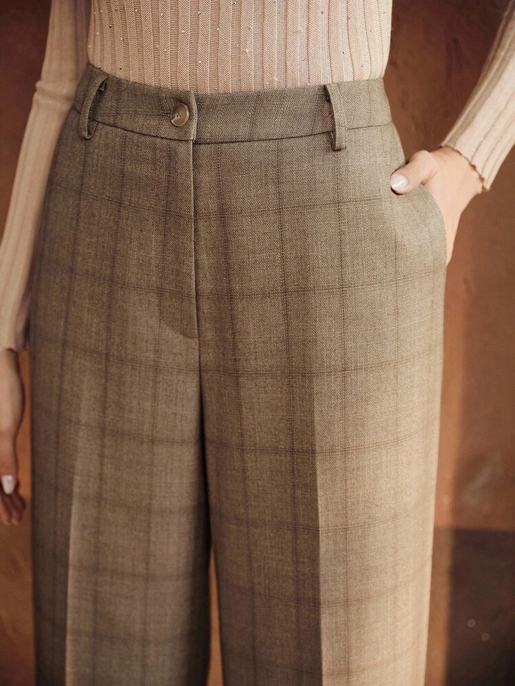 Retro Urban Plaid High-Waisted Straight-Leg Versatile Flared Women's Suit Pants