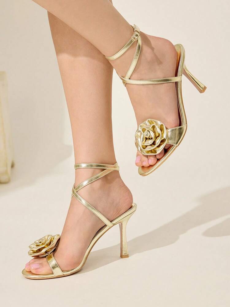 CUCCOO CHICEST Gold Metal Rose Flower Decor Strap Fashionable Sexy Glamorous Elegant Round Toe High Heel Sandals For Christmas