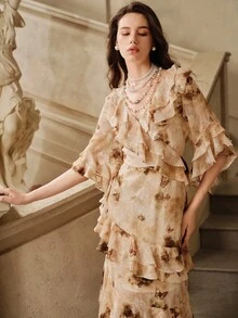 SHEIN Unity 女士秋季法式浪漫荷叶边下摆连衣裙 - 彩色 - 查看 6