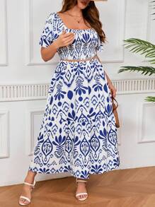 SHEIN PETITE Plus Size Women Casual Vacation Blouse & Skirt 2 Pieces Set - Multicolor - View 5