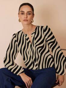 Glamance Pati Paints 斑马纹咖啡色休闲简约动物图案印花女衬衫，适合秋季通勤穿斑马纹衬衫条纹衬衫长袖衬衫女衬衫斑马上衣