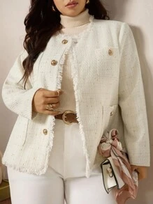 Zelara Plus Size Jacket, Fashionable And Elegant Tassel Edge Commuter Jacket, Round Neck Long Sleeve Exquisite Lady Style Jacket, Woven Textured Fabric, Four Pockets, Metal Button Decoration, Front Center Button, Upgraded Warmth Effect Women'S Autumn Clothing, Winter Jacket, Women'S Winter Clothing, Halloween Costume Women, Halloween Jacket, Business Professional Women, Business Casual Women, Elegant And Fashionable Commuter, Commuter Simple Office Old Style Jacket, Elegant Jacket, Waist Slim Jacket, Suitable For Daily Wear, Functional Pockets Fall - White - View 6
