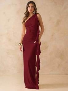 SHEIN BAE 优雅不对称褶皱露背连衣裙，网眼荷叶边下摆，女士度假沙滩裙，春夏 - 酒紅色 - 查看 7