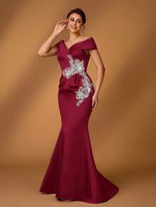Serin 优雅奢华的仿珍珠和水钻刺绣蕾丝贴花缎面露肩鱼尾礼服，适合婚礼、活动、派对、度假、舞会、新娘及新娘母亲、情人节等场合。 - 酒紅色 - 查看 6