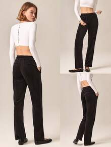 GLOWMODE Smooth Soft Velvet Adjustable Drawstring Waist Straight Leg Pants With Side Pockets Daily Casual - Black - View 7