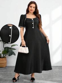 Modelyn Plus Size Women V-Neck Short Sleeve Ruched Flared Hem Jacquard Elegant Luxurious Formal Evening Dress - Black - View 1
