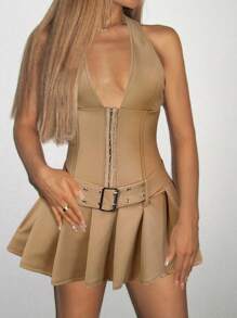 SHEIN ICON 深V领金属纽扣束腰宽褶腰带装饰连衣裙 - 卡其色 - 查看 4