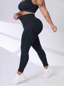 Easithlete Pantalones deportivos de compresión ajustados para mujeres de talla grande con diseño sin costuras y tela de secado rápido para yoga - Azul Marino - Ver 2