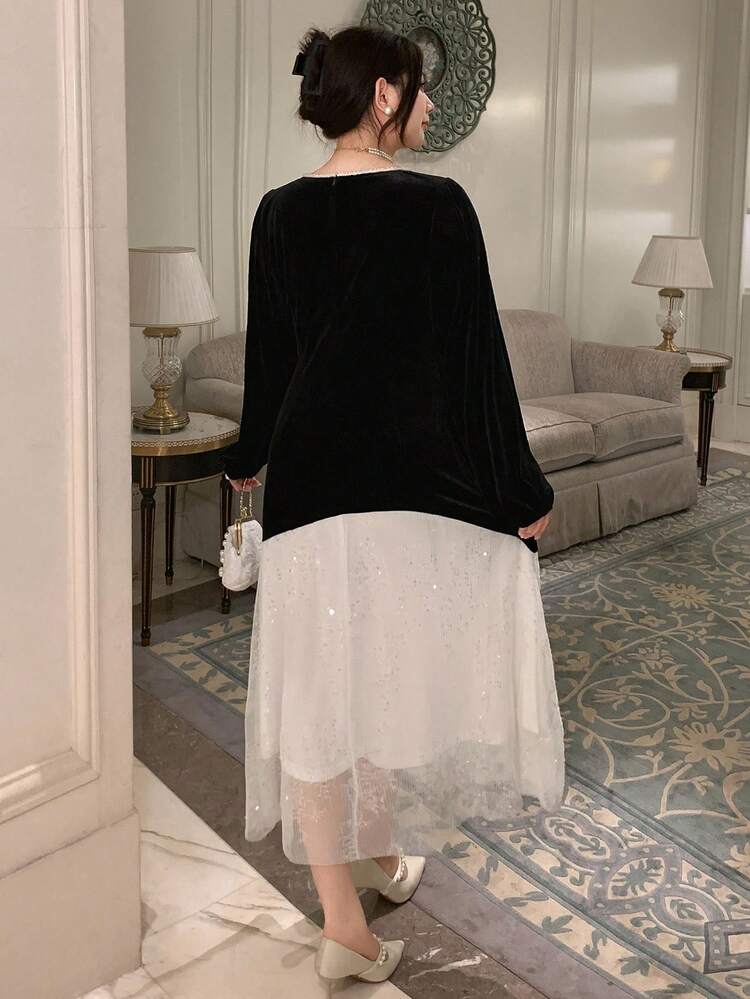 Dazy Plus Plus Size Christmas Velvet Patchwork Sequin Chiffon Square Neck Long Lantern Sleeve Fitted Maxi Elegant Party Dress, Black, Autumn/Winter Prom Dress