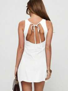 SHEIN Essnce Đầm mini buộc dây hở lưng màu trơn dành cho nữ - trắng - Xem 4