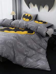 BATMAN X SHEIN 3 件套时尚卡通图案被套，柔软舒适，适合各种床，灰色