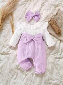 SHEIN Vintaside Kids Baby Girl White Double Ruffle Collar Long Sleeve Patchwork Green Bow Jumpsuit With Detachable Headband, Versatile For Casual, Home, Outdoor Wear, All Seasons