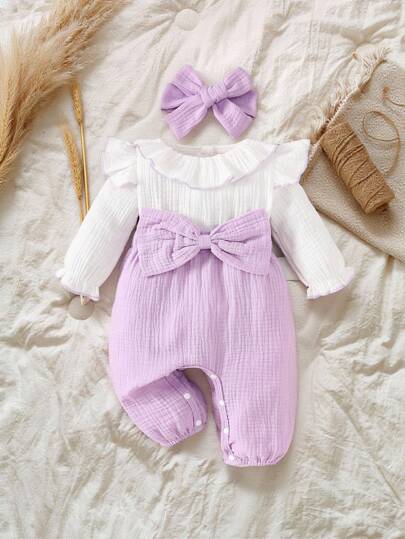 SHEIN Vintaside Kids 女婴白色双褶边领长袖拼接绿色蝴蝶结连体裤，配有可拆卸头带，适合休闲、居家、户外穿着，四季皆宜