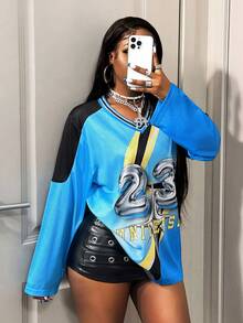 BamGleam Fashionable Color Block Numeric Print Long Sleeve Breathable T-Shirt Fall Cloth For Women - Blue - View 5