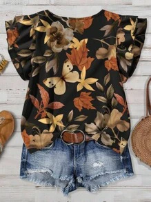 EMERY ROSE Plus Size Butterfly Leaf Print Women's Black,Summer,Boho,Everyday Daily Casual Elegant Round Neck Double Layer Flutter Sleeve Loose Shirt Blouse - Multicolor - View 4