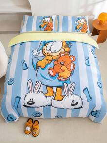GARFIELD | SHEIN 3pc Soft Cute Cartoon Cat Print Blue Bedding Set,Suitable For Single Bed/Double Bed/Queen Bed/King Bed, Dormitory/Home - Blue - View 2