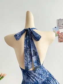 Dreamara Plus Size Romantic Halter Knit Mesh Blue Floral Print Dress - Blue - View 3