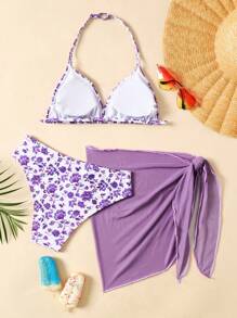 SHEIN Tween Girls Floral Bikini Set,Beach Attire,Leisure Vacation, Seaside Travel - Mauve Purple - View 2