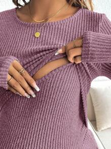 SHEIN 纯色简约哺乳上衣，圆领，长袖 - 粉色 - 查看 5