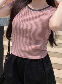 Dazy Plus Contrast Color Splice Round Neck Stripe Short Sleeve Fitted T-Shirt, Spring/Summer Woman S Summer Clothes,Crop Tops Women - Pink - View 1