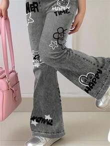 SHEIN Leap Crew 2pcs/Set Teen Girl Casual Loose Heart & Face Graffiti Print Round Neck Short Sleeve T-Shirt And Flare Pants Outfit, Suitable For Summer, Autumn, Suitable For Home, Outing, Street Photography, Campus - Multicolor - View 4