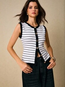 Poéselle 女士休闲日常条纹前开襟圆领撞色滚边毛衣背心，女士冬季毛衣，新年，派对，休闲毛衣，秋冬季女士，女士休闲，老钱，优雅女士，秋冬 - 黑與白 - 查看 6