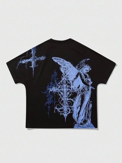 Goth Men's Batwing Sleeve Cross Printed Short Sleeve T-Shirt, Halloween, 2000s Style