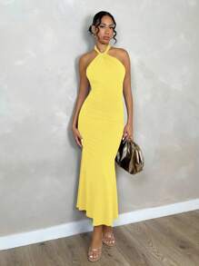 SHEIN PETITE 女士优雅简约纯色露背扭纹紧身长裙，适合日常穿着