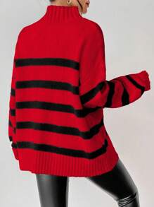 SHEIN LUNE Casual Colorblock Striped Stand Collar Sweater, Autumn/Winter Fall Cloth For Women - Red - View 4