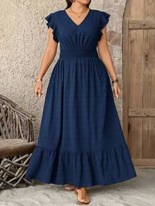 SHEIN LUNE 加大码女式纹理面料飘逸下摆长裙，夏季连衣裙毕业装 7 月 4 日白色毕业蓝色长裙休闲长裙女式夏季连衣裙分层长裙度假连衣裙 - 藏蓝色 - 查看 3