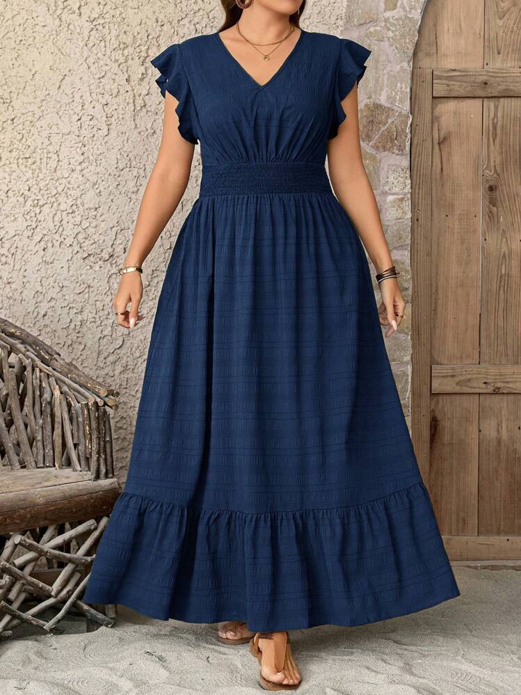 SHEIN LUNE Vestido Longo Fluido de Tecido Texturizado Plus Size, Vestido de Verão Formatura Traje 4 de Julho Vestido Longo Azul Branco Formatura Vestido Longo Casual de Verão Vestido Longo Evasê Vestido de Férias - Azul Marinho - Visão 3