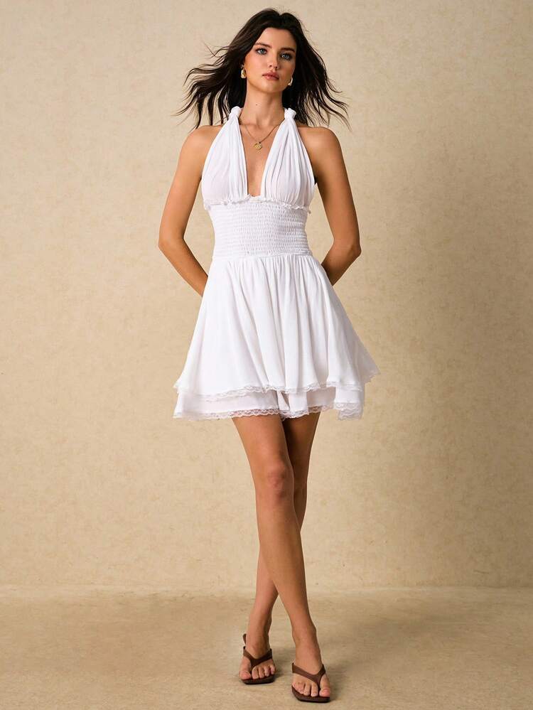 Poéselle Women's Solid Color Minimalist Casual Halter Lace Jumpsuit - White - View 4