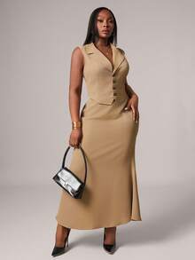 SHEIN SXY 大码女装秋冬性感优雅卡其色无袖背心套装搭配鱼尾裙，适合性感迷人的职场女性、舞会、情人节、邮轮旅行、通勤、商务场合、复古风、派对、度假、外出、老钱风、层次感丰富的穿搭、约会之夜、聚会、极简主义、生日、正式活动、辣妹风、伊比沙岛风、纳什维尔风、休闲风、端庄风、时尚风、休闲风、购物、街头风、外出等各种场合，凸显身材，修饰身形。 - 卡其色 - 查看 5