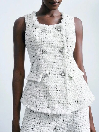 Maija 2025 经典黑白撞色方领双排扣设计女背心，适合初秋、返校季、派对季粗花呢两件套白色粗花呢背心背心和裤子套装粗花呢背心套装女粗花呢背心商务休闲女装秋季女装秋季女装