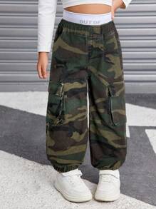 SHEIN 年轻女孩牛仔字母印花松紧腰迷彩慢跑裤