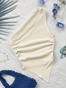 SHEIN Girlism Teen Girls' Apricot Asymmetrical Hem Ruched Waist Sleeveless Knit Camisole Top, Suitable For Beach Vacation Tobe Top Girls Asymmetrical Top Tube Tops Women Tube Top White Women's Top Asymmetrical Top Girls Tube Top Women - Apricot - View 3