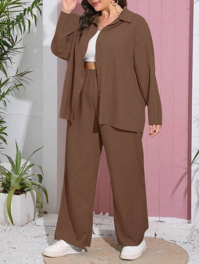 SHEIN Essnce 2pcs Plus Size Casual & Comfortable Wave Texture Outfit Set