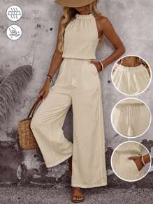 EMERY ROSE Summer Vacation Casual Solid Color Halter Jumpsuit - Apricot - View 1