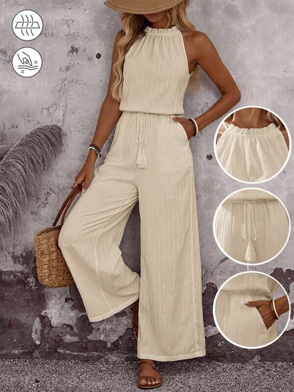 EMERY ROSE Summer Vacation Casual Solid Color Halter Jumpsuit