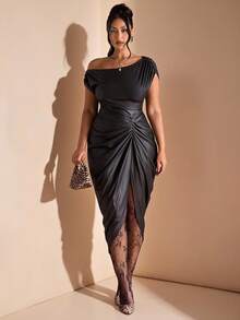 SHEIN BAE Plus Size Women Black Asymmetric Shoulder PU Elegant Long Slit Dress,Summer Formal Evening Night Out Club Wedding Guest Birthday Halloween Hoco Dress - Black - View 4