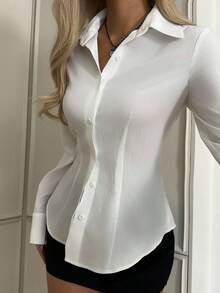 SHEIN EZwear Women's Casual Cinched Waist Long Sleeve Button-Up Shirt, Suitable For Autumn/Winter, Back To School,Fall Tops Chic Blouses For Women,Camisa Social Feminina