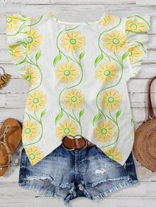 EMERY ROSE Women's Casual Pink Floral Print Bamboo Fiber Round Neck Flare Sleeve Cap Sleeve Blouse, Spring/Summer