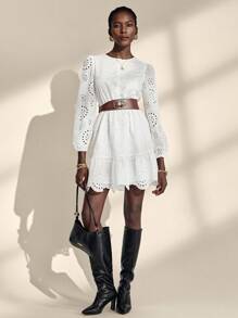 Almamuse Robe longue à manches longues avec ourlet à volants brodés blanc unicolore pour femmes - Blanc - Voir 1