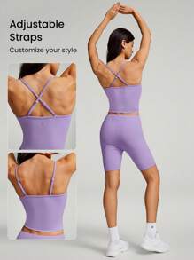 GLOWMODE 6" FeatherFit™ Peekaboo Pleated Adjustable Romper Bodysuit With Built-In Underwear Light Support Low Impact Yoga Pilates Studio Summer - Mauve Purple - View 5